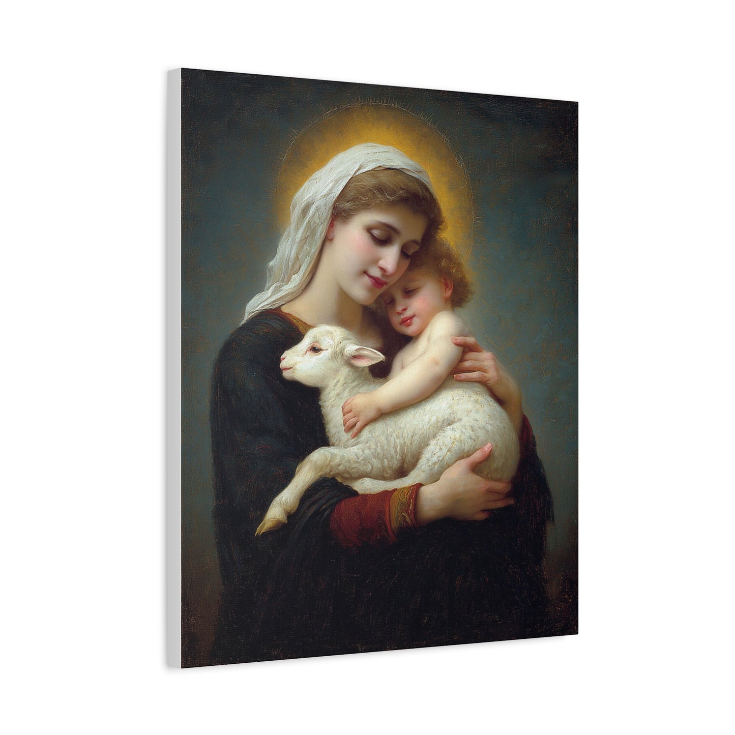 Mother Mary with Baby Jesus and Lamb Catholic Canvas Wall Art, Christian Decor