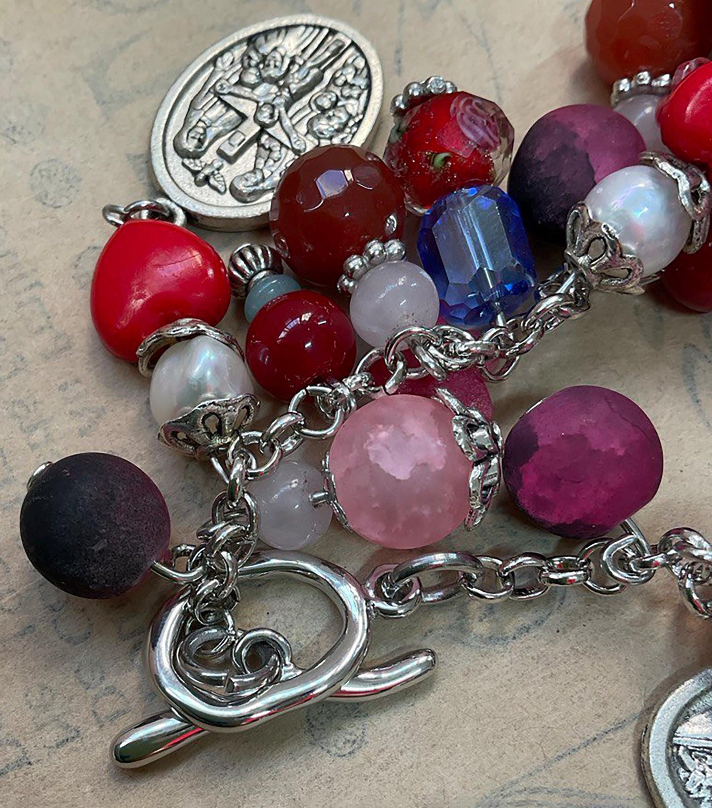 Immaculate Mary and Sacred Heart Jesus Catholic Religious Handmade Bracelet with Gemstones