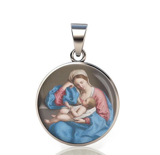 Our Lady Madonna With The Infant Christ Child 925 Sterling Silver Round Pendant Christian Religious Medal Small 20mm
