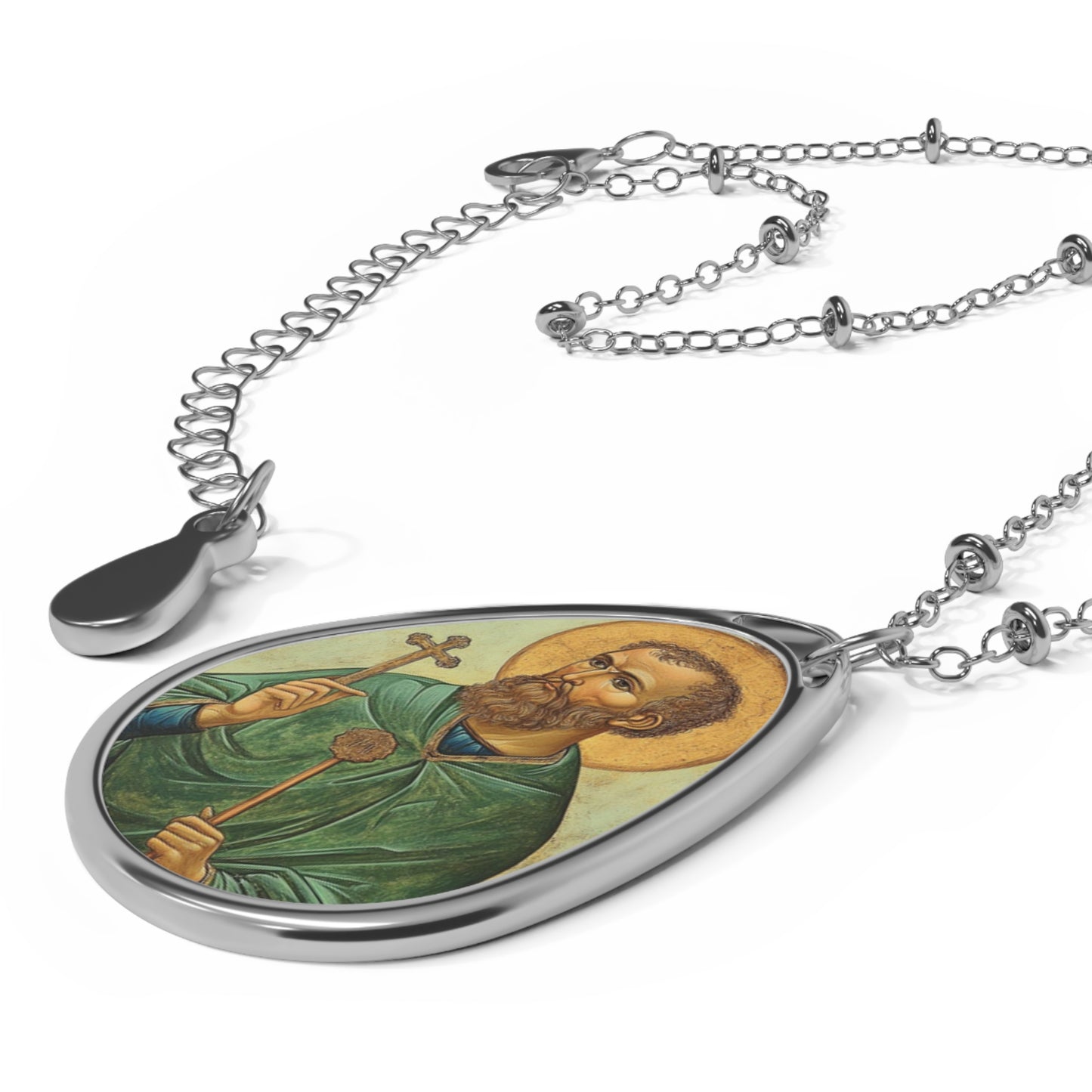 St Aidan Necklace Drop Oval Pendant Silver Tone Medal