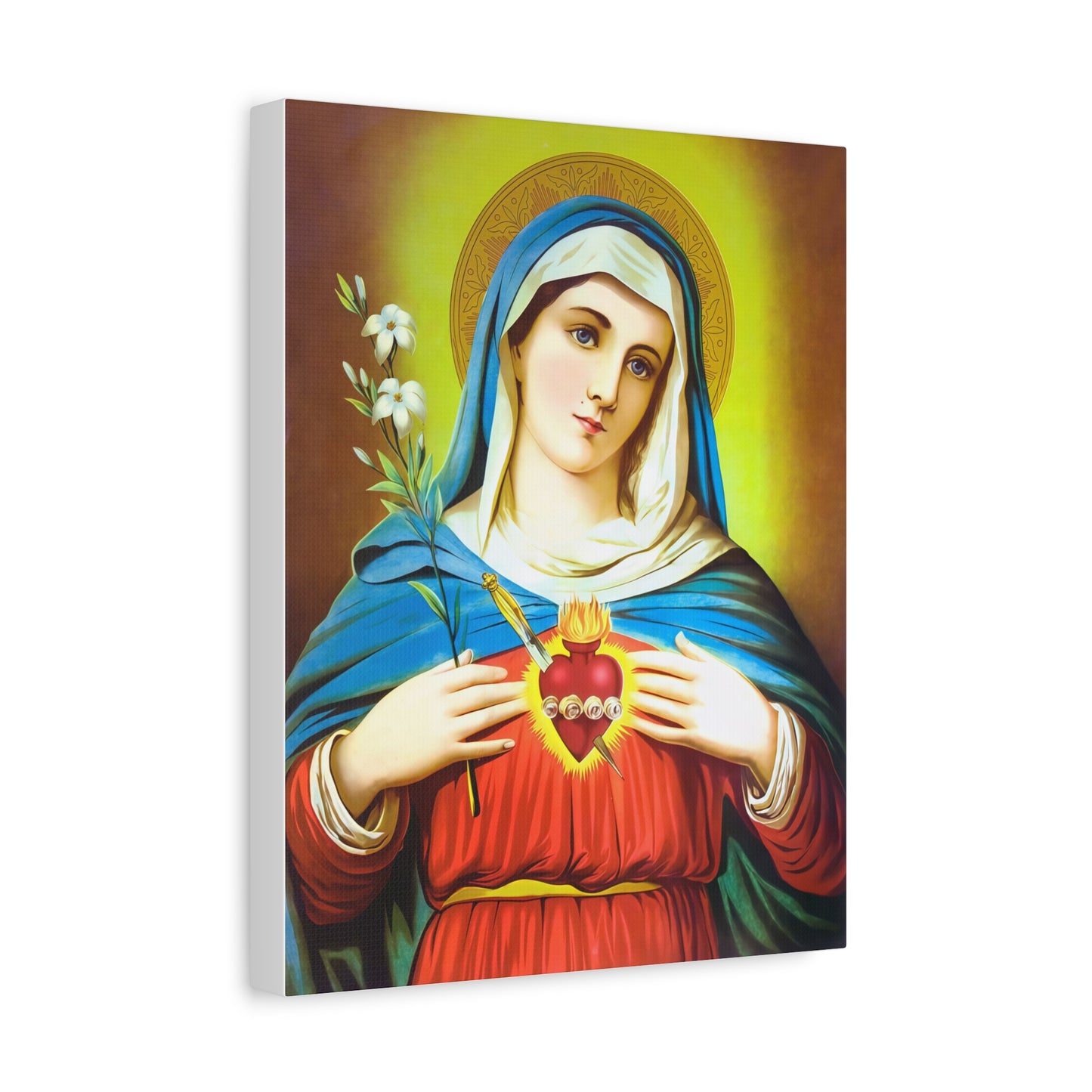 Ready To Hang - Mother Mary Immaculate Heart and Lilies Catholic Canvas Wall Art, Christian Decor