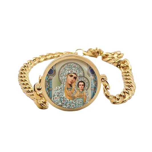 Our Lady Theotokos Curb Bracelet Gold or Silver tone Religious Jewelry Simple Chain
