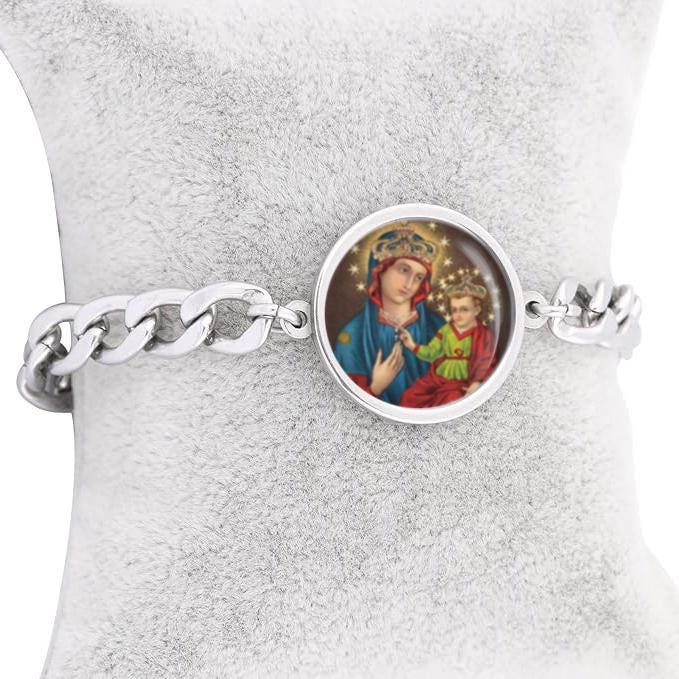 Our Lady Consolation Curb Bracelet Gold or Silver tone Religious Jewelry Simple Chain