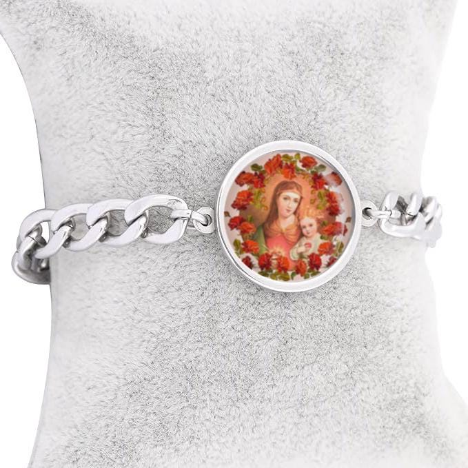 Our Lady Mary And Baby Jesus With Roses Curb Bracelet Gold or Silver tone Religious Jewelry Simple Chain