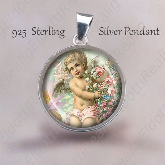 Sweet Cherub Religious Christian Medal. Sterling Silver 925 Pendant 20mm.  Angel with Flowers Silver Medal For Necklace