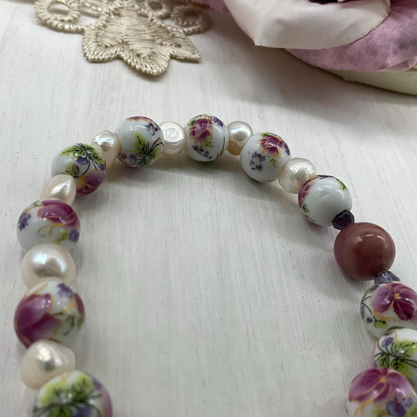 Decade Catholic rosary bracelet Our Lady of Grace medal, St Benedict Charm | Ceramic Beads and Pearls | Catholic gift | Catholic jewelry