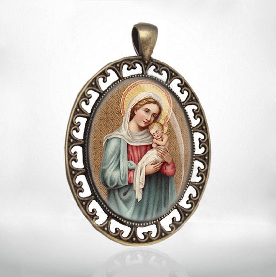 Mother Mary and Jesus Baby Catholic Medal Pendant Madonna Religious Style Jewelry