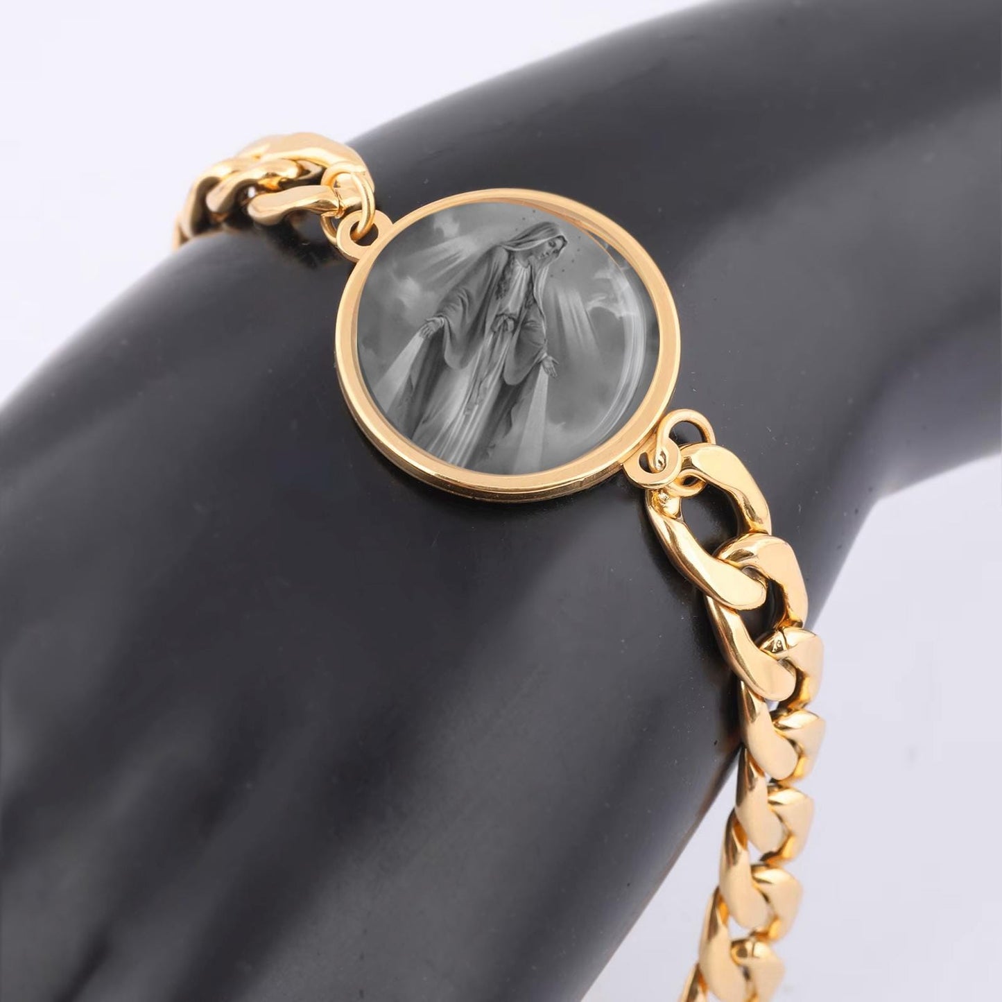 Our Lady Miraculous Black And White Curb Bracelet Gold or Silver tone Religious Jewelry Simple Chain