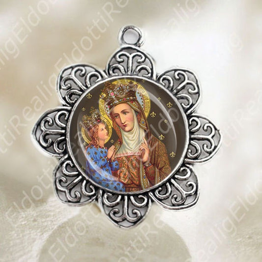 St Anne Mother of Mary Medal Flower Shaped Silver Tone Catholic Christian Jewelry