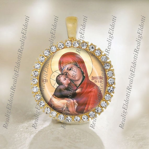 Virgin Mary Donskaya Our Lady of Don Medal Gold Tone Orthodox Pendant