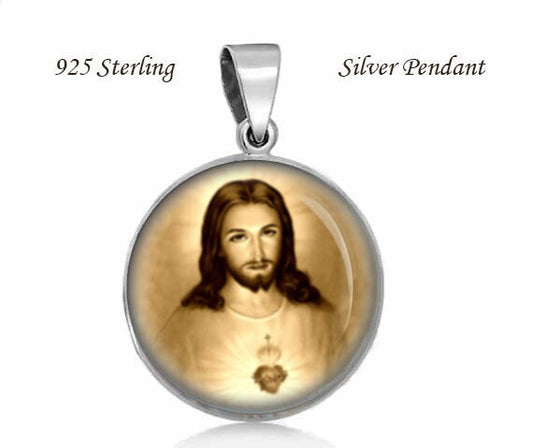 Sacred Heart of Jesus Sepia 925 Sterling Silver Pendant 20mm