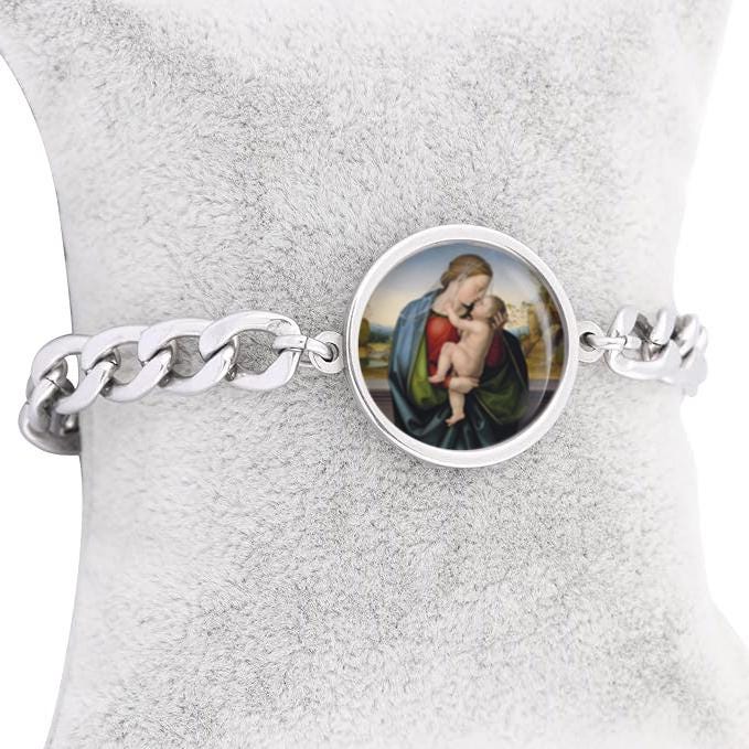 Our Lady Madonna And Child Curb Bracelet Gold or Silver tone Religious Jewelry Simple Chain