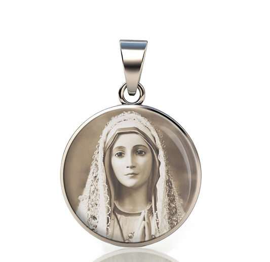 Our Lady Fatima 925 Sterling Silver Round Pendant Christian Religious Medal Small 20mm