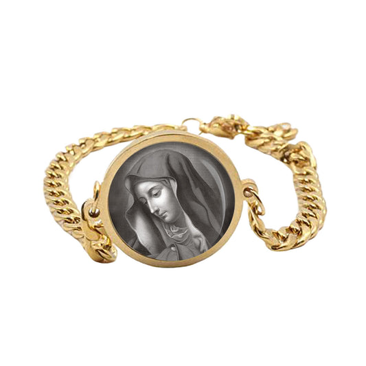 Our Lady Our Lady Of Sorrows Black And White Curb Bracelet Gold or Silver tone Religious Jewelry Simple Chain