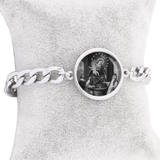 Our Lady Pompeya Curb Bracelet Gold or Silver tone Religious Jewelry Simple Chain