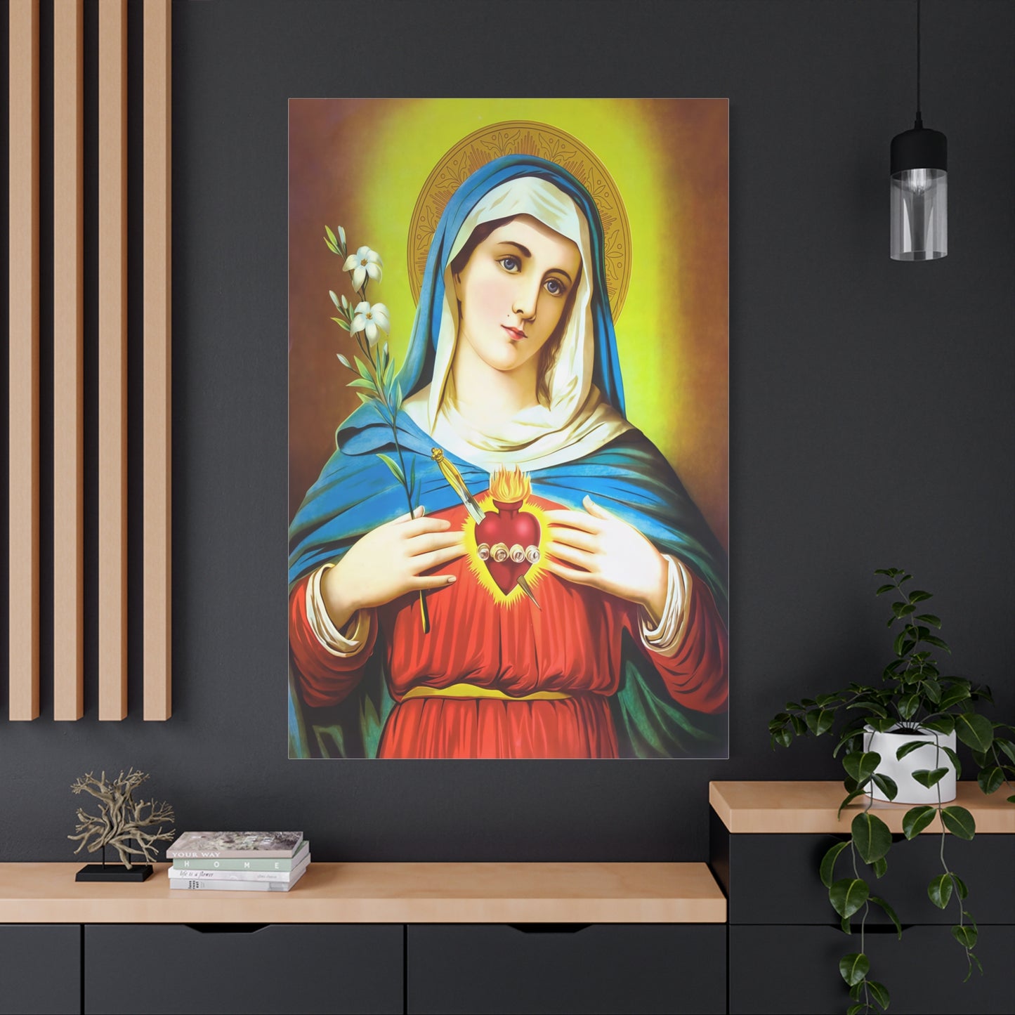 Ready To Hang - Mother Mary Immaculate Heart and Lilies Catholic Canvas Wall Art, Christian Decor