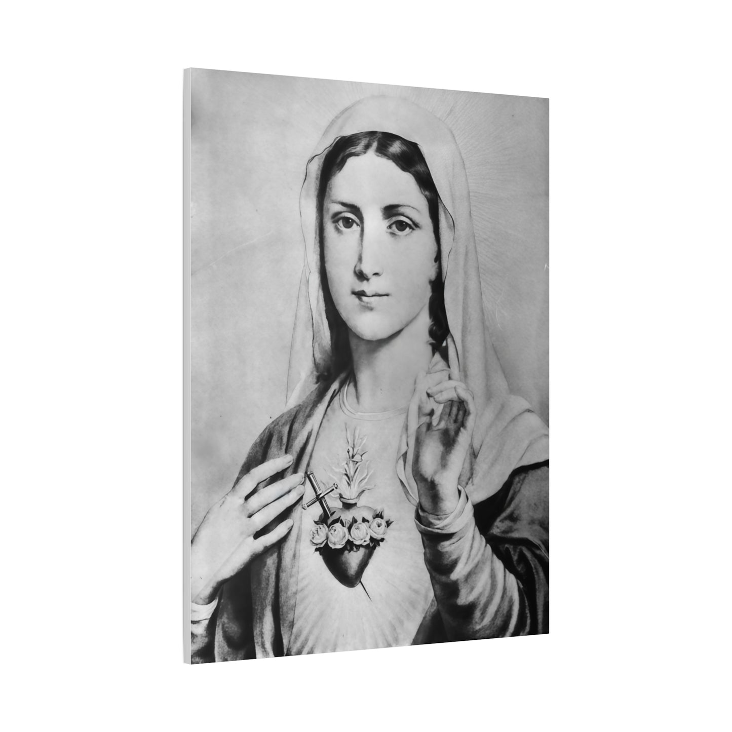 Ready To Hang - Black and White Mother Mary Immaculate Heart Catholic Canvas Wall Art, Christian Decor