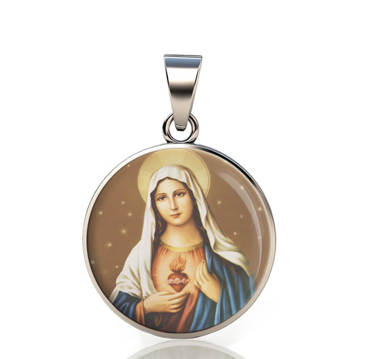 Our Lady Immaculate Heart Of Blessed Virgin Mary 925 Sterling Silver Round Pendant Christian Religious Medal Small 20mm