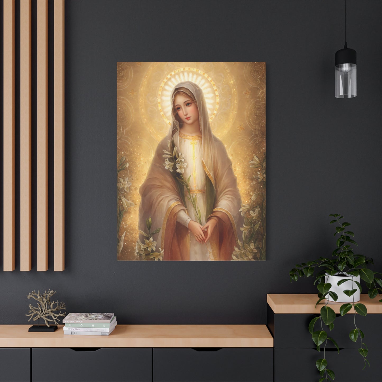 Ready to Hang - Mother Mary Our Lady of the Lilies Catholic Canvas Wall Art, Christian Decor