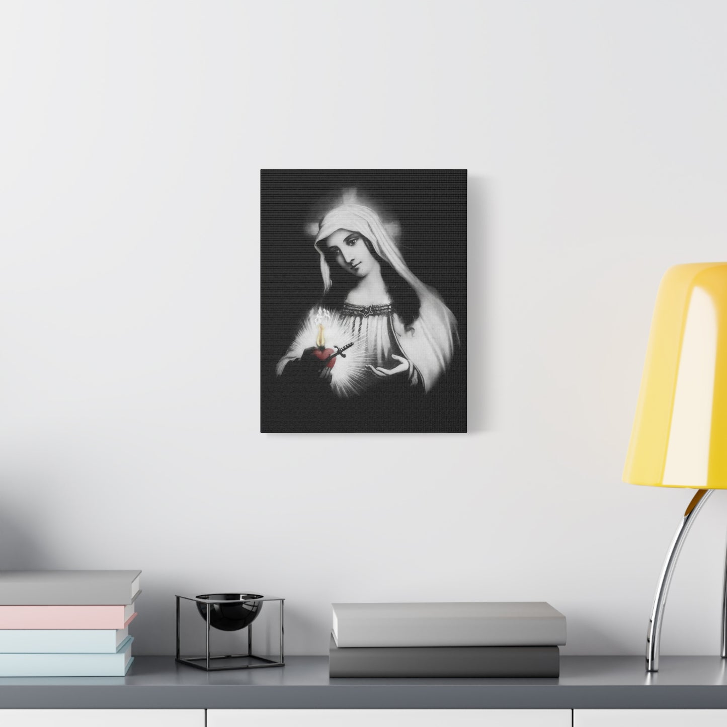 Ready To Hang - Mother Mary Immaculate Heart Catholic Sorrowful Mary Canvas Wall Art, Christian Decor Black and White