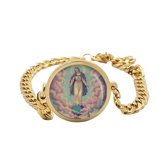 Our Lady Miraculous Manifestations Of The Virgin Mary Curb Bracelet Gold or Silver tone Religious Jewelry Simple Chain