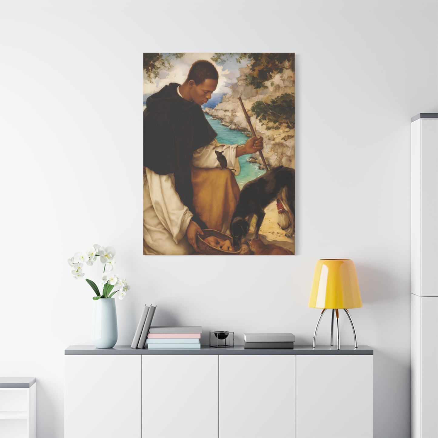 Ready To Hang - St. Martin de Porres with Mouse and Dog Catholic Canvas Wall Art - Christian Decor