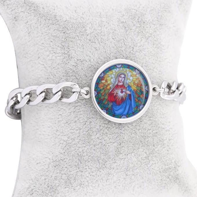Our Lady Immaculate Mary Curb Bracelet Gold or Silver tone Religious Jewelry Simple Chain