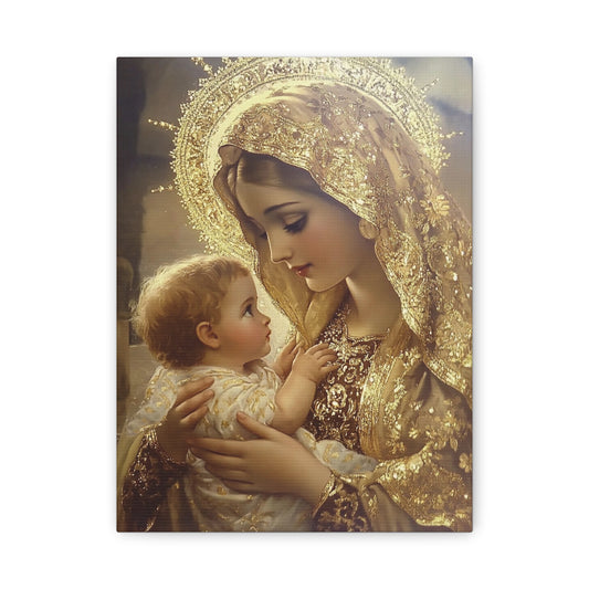 Mary and Baby in Gold Catholic Canvas Wall Art, Christian Decor