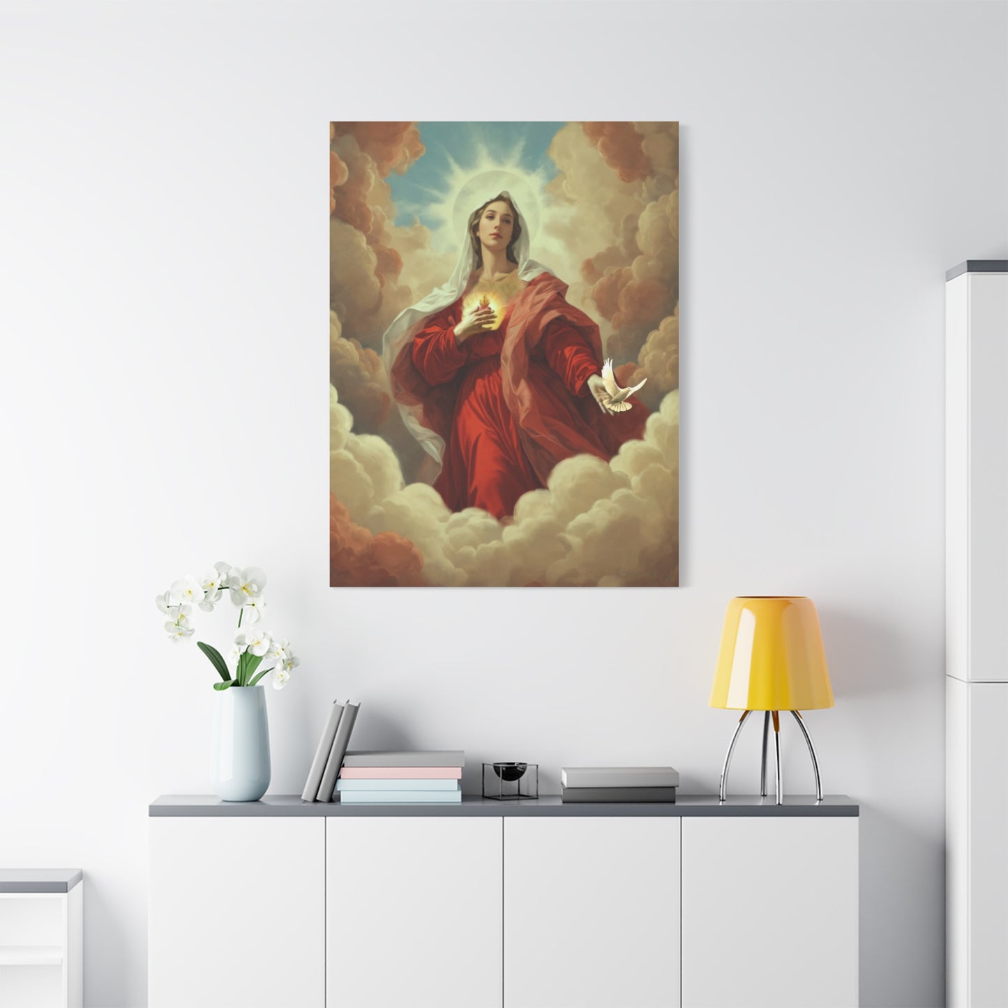 Mother Mary with Dove Heaven Catholic Canvas Wall Art, Christian Decor