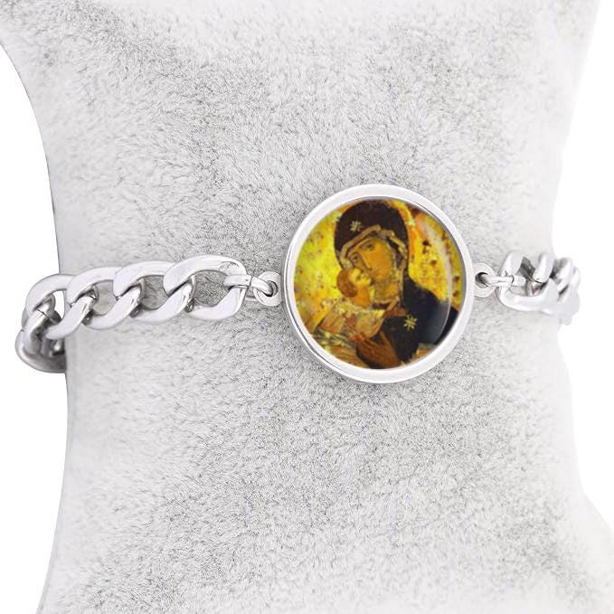 Our Lady Vladimir Curb Bracelet Gold or Silver tone Religious Jewelry Simple Chain