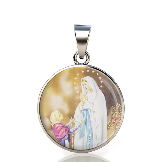 Our Lady Lourdes 925 Sterling Silver I Round Pendant Christian Religious Medal Small 20mm