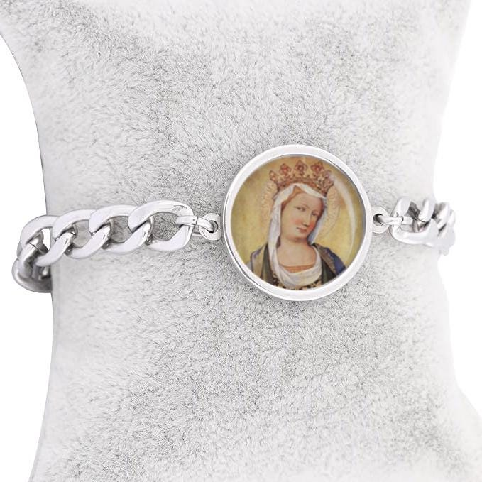 Our Lady Virgin Mary By Master Of The Bambino Vispo Curb Bracelet Gold or Silver tone Religious Jewelry Simple Chain
