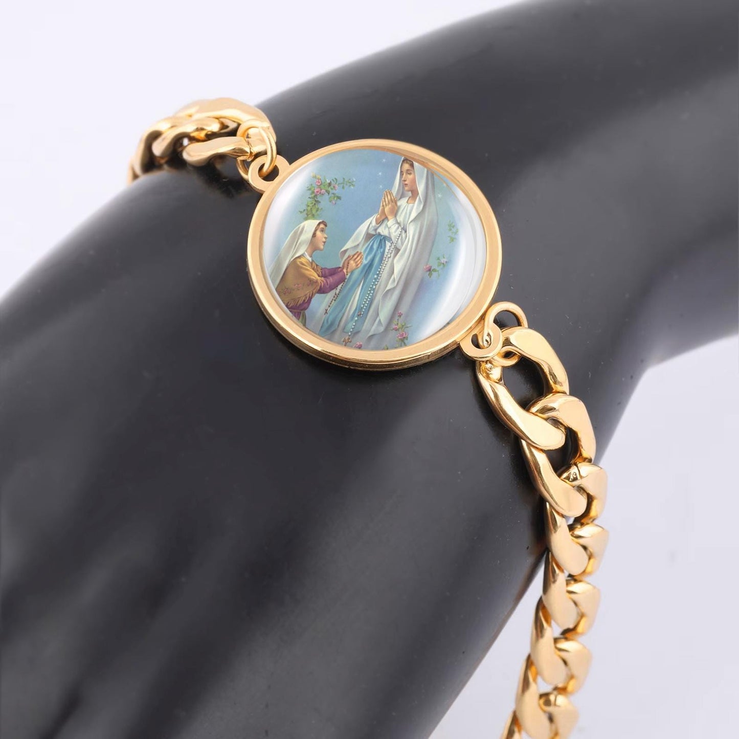 Our Lady of Lourdes Curb Bracelet Gold or Silver tone Religious Jewelry Simple Chain