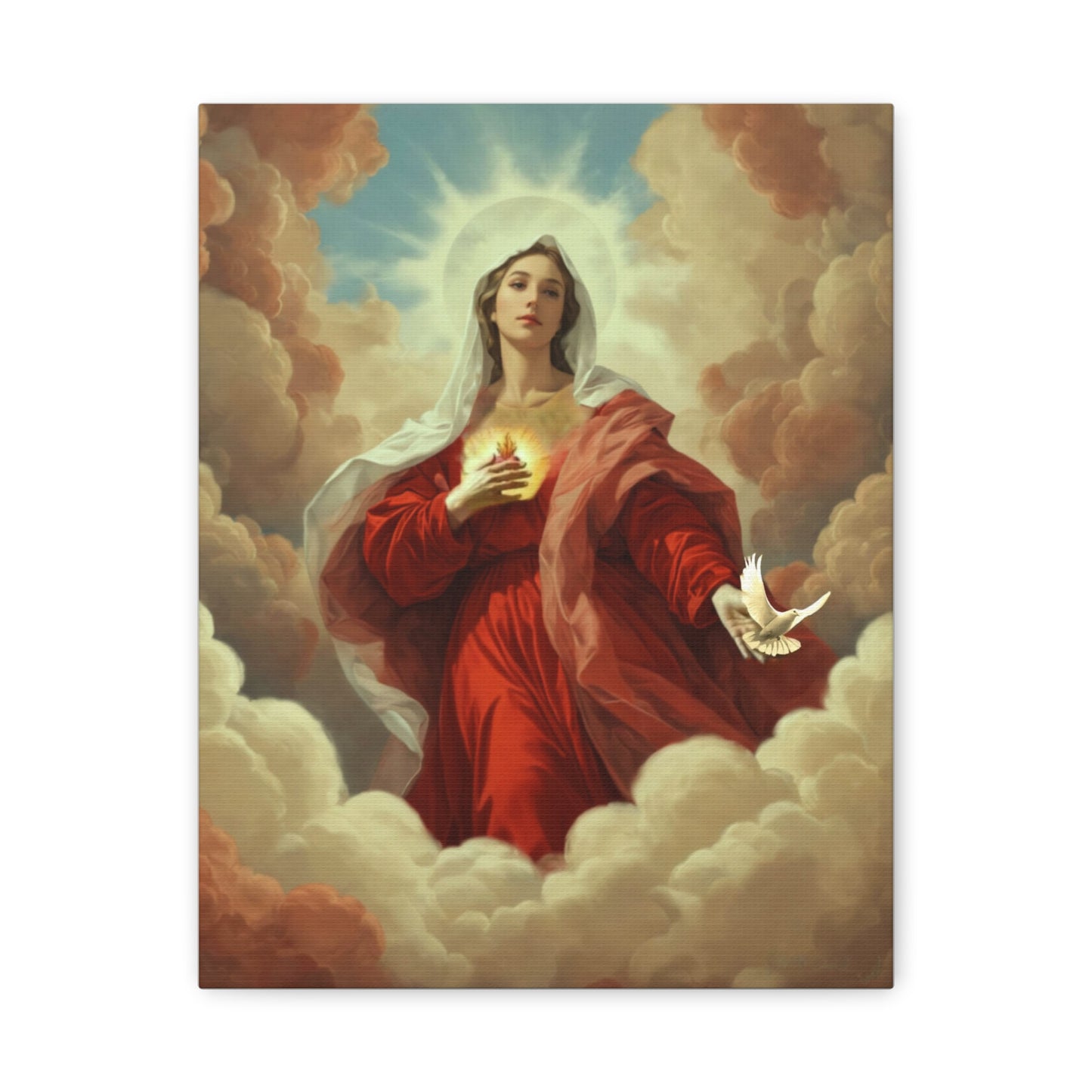 Mother Mary with Dove Heaven Catholic Canvas Wall Art, Christian Decor