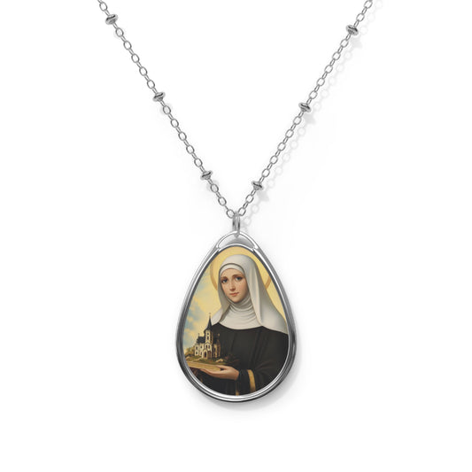 St Agnes of Bohemia Necklace Drop Oval Pendant Silver Tone Medal