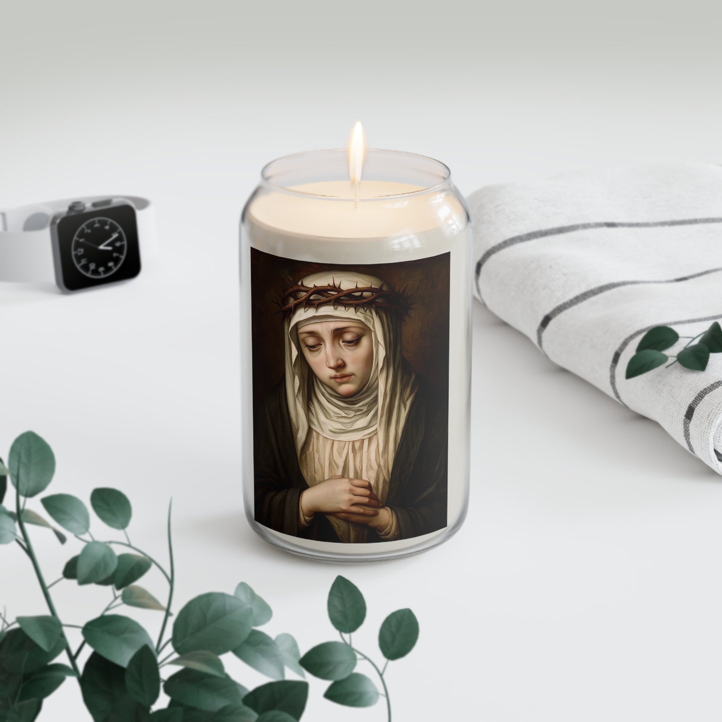 St. Catherine of Siena with Crown of Thorns Catholic Serenity Scented Candle, 13.75oz | Relaxation Gift, Home Decor