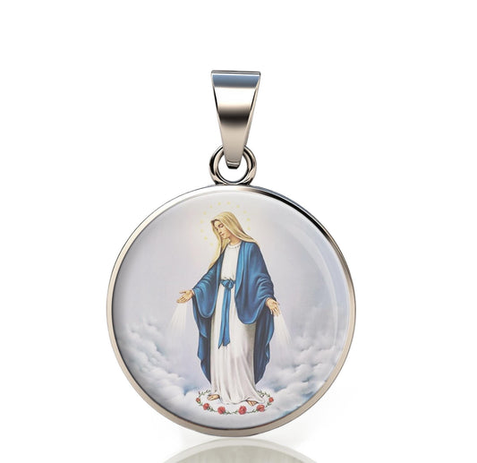 Our Lady Grace 925 Sterling Silver Round Pendant Christian Religious Medal Small 20mm
