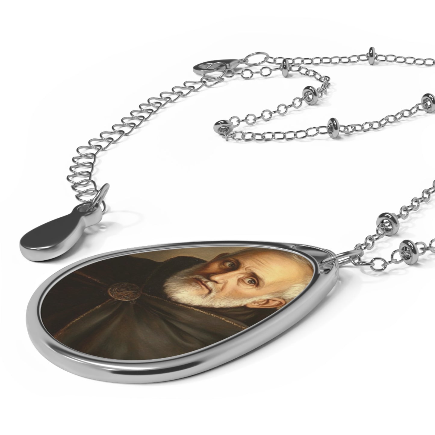 Albert Chmielowski Necklace Drop Oval Pendant Silver Tone Medal