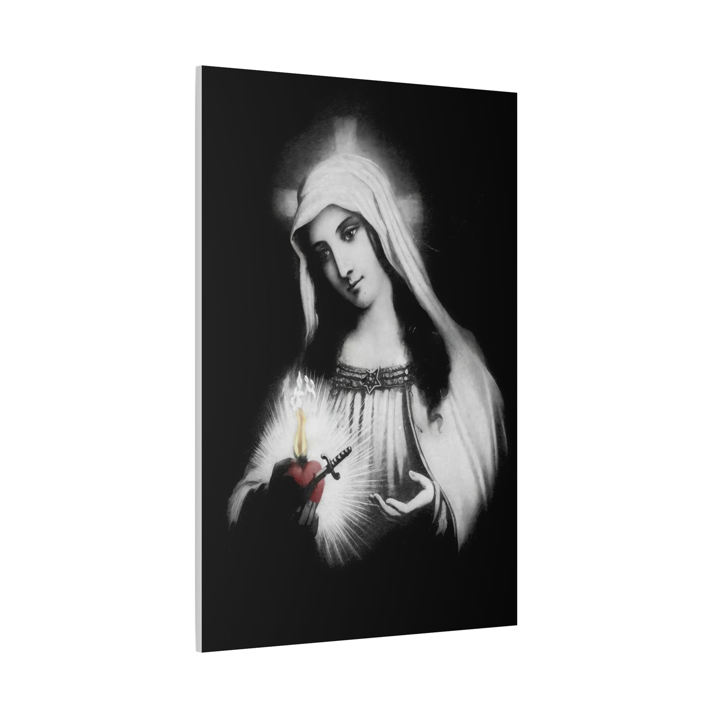 Ready To Hang - Mother Mary Immaculate Heart Catholic Sorrowful Mary Canvas Wall Art, Christian Decor Black and White