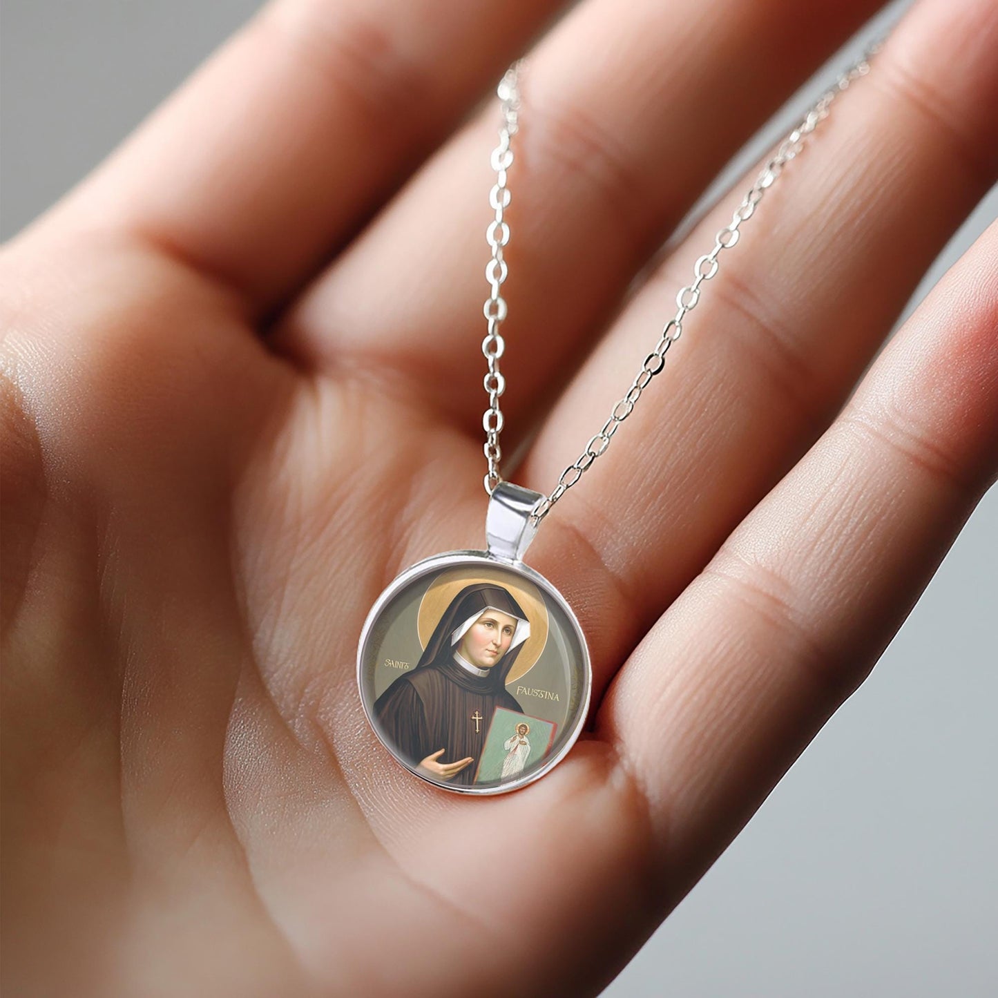 St Faustina Kowalska Medal Necklace Saint of the Blessed Sacrament Pendant