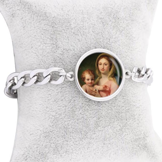 Our Lady Madonna And Child Anton Raphael Mengs Curb Bracelet Gold or Silver tone Religious Jewelry Simple Chain