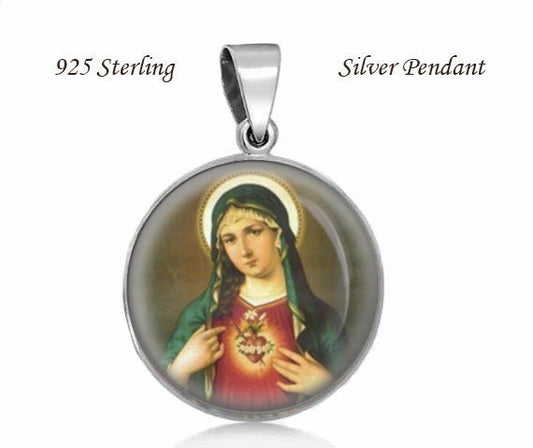 Mary Immaculate Blessed Heart Pendant 925 Sterling Silver