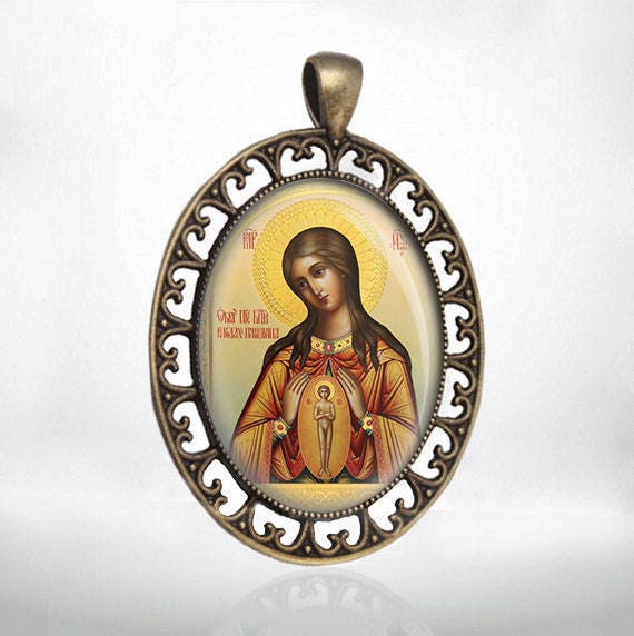 Theotokos the Helper in Birth Virgin Mary Medal Bronze Tone Christian Orthodox