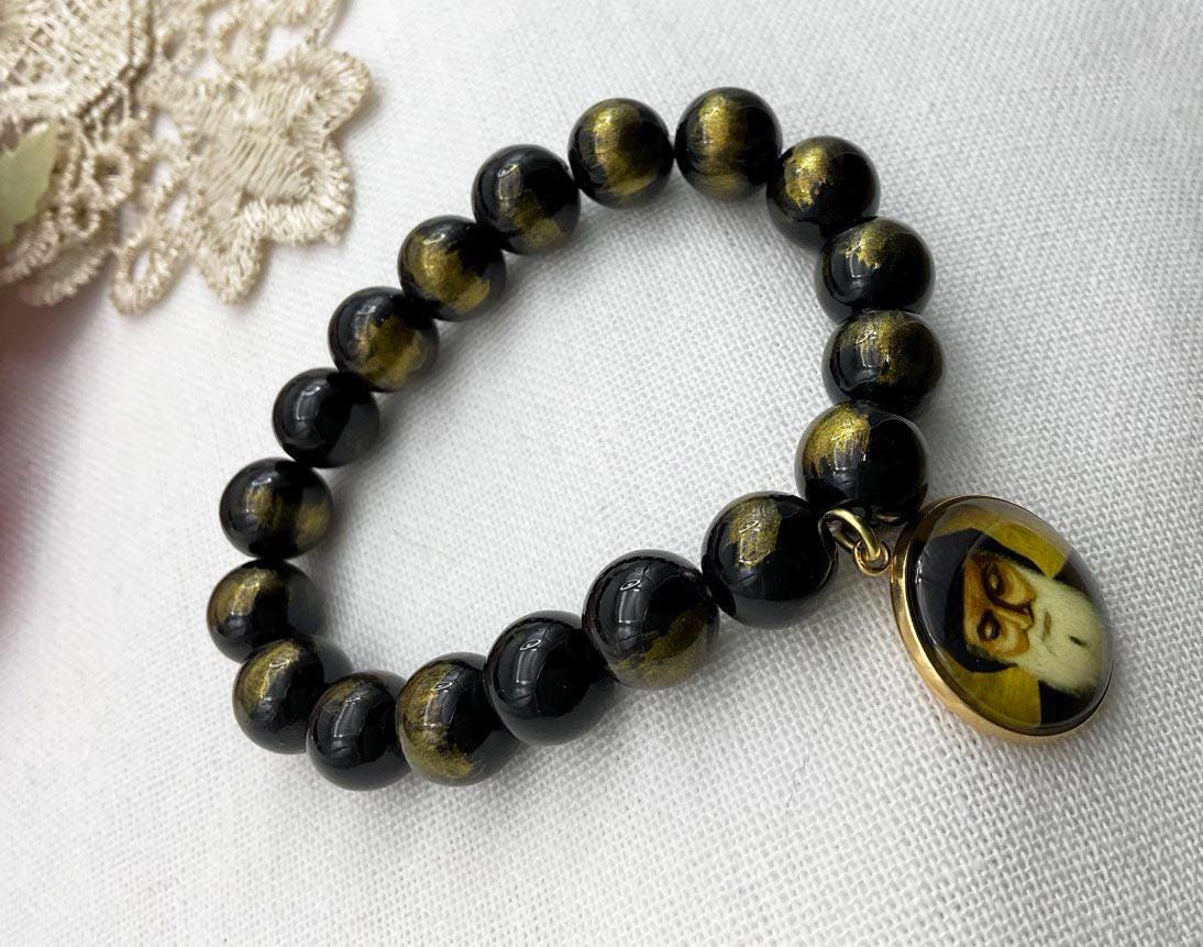 St Charbel Catholic Stretch Bracelet Black and Gold Lapis Lazuli Jades Beads