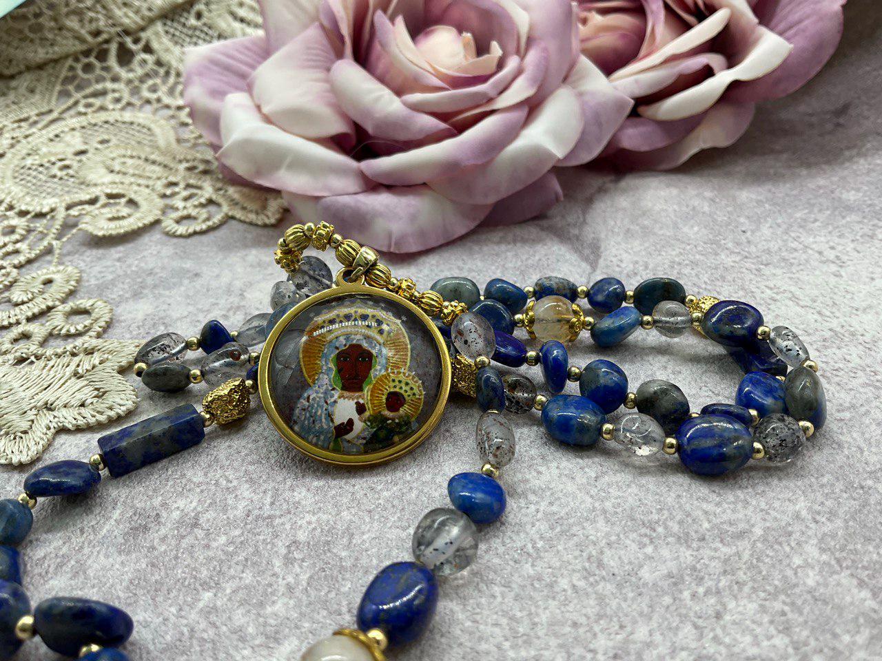 Our Lady of Czestochowa Necklace — Lapis Lazuli Beaded Necklace with Gray Glass, Black Madonna Catholic Jewelry, Handmade Religious Necklace