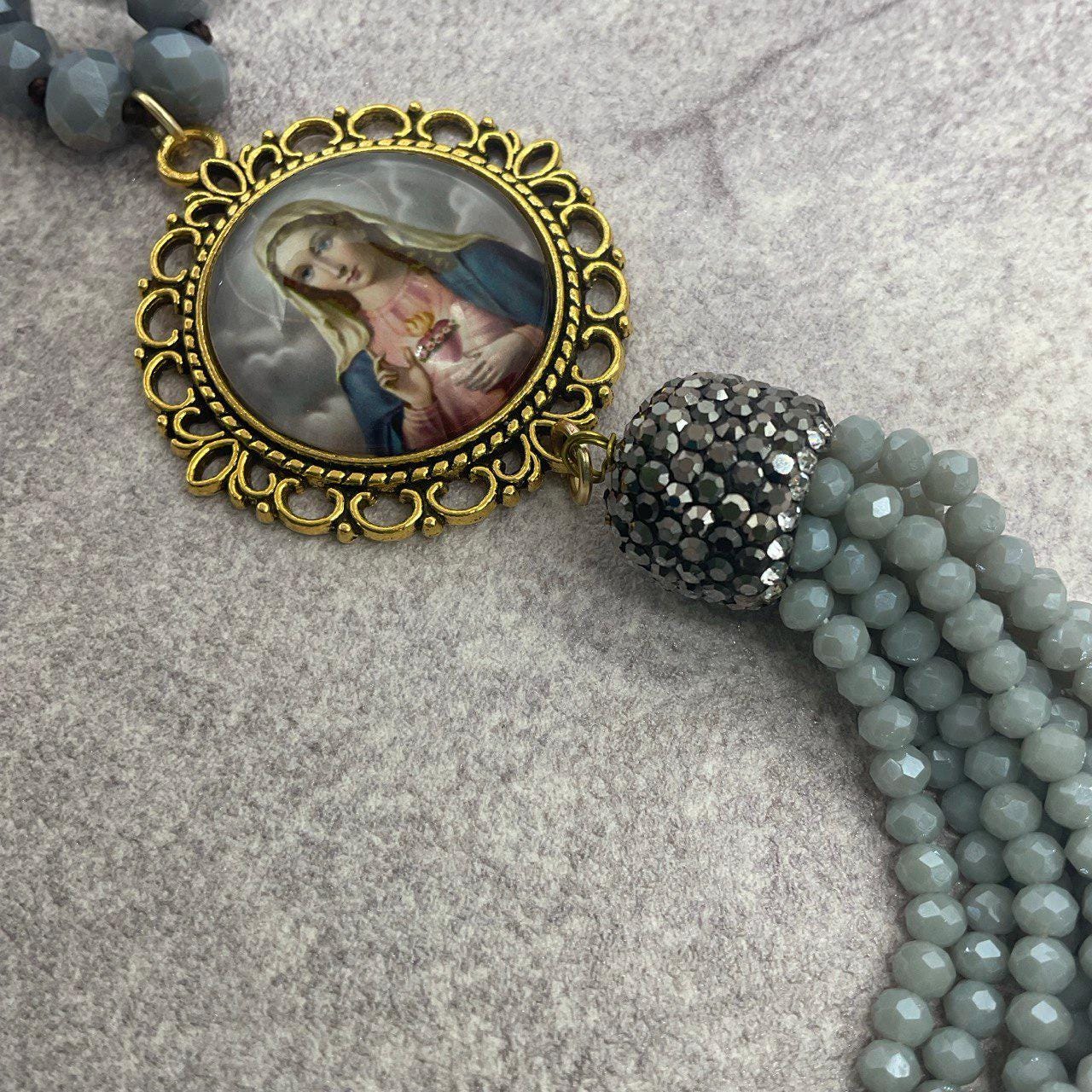 Our Lady Immaculate Heart - Purple Gray Czech Glass Beads - Long Necklace Sautoir - Virgin Mary Pendant and Tassel