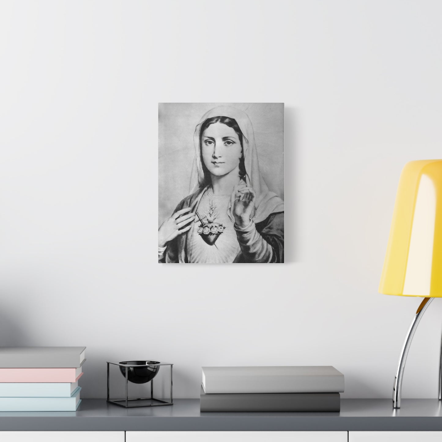 Ready To Hang - Black and White Mother Mary Immaculate Heart Catholic Canvas Wall Art, Christian Decor