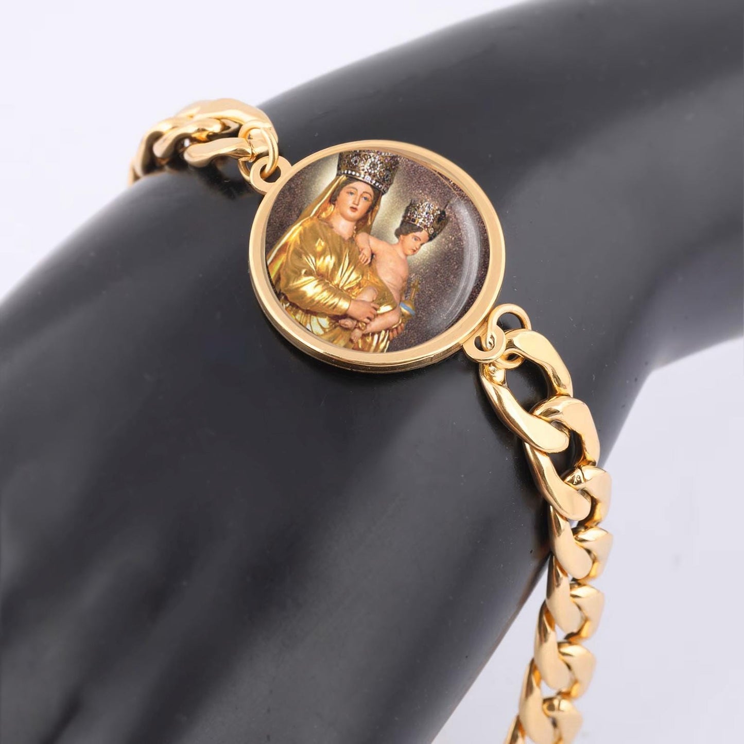 Our Lady Prompt Succor Curb Bracelet Gold or Silver tone Religious Jewelry Simple Chain