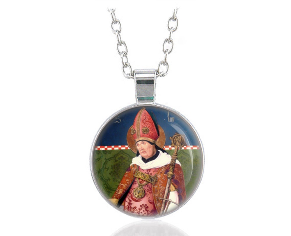 St Eligius Patron of goldsmiths, coin collectors, veterinarians, horses. Catholic Necklace Round Pendant