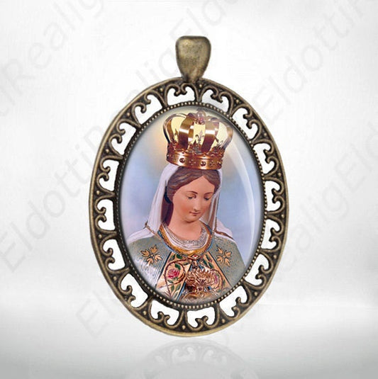 Our Lady Of The Rosary Catholic Medal, Religious Jewelry Pendant  Oval Bronze